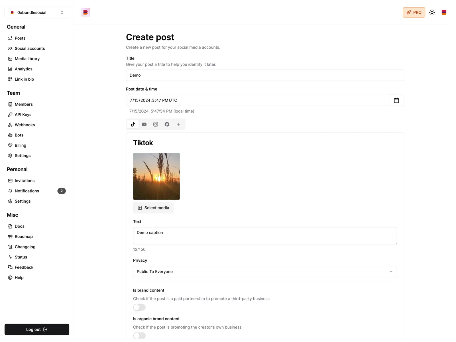 Panel bundle.social do tworzenia i planowania publikacji w wielu kanałach social media
